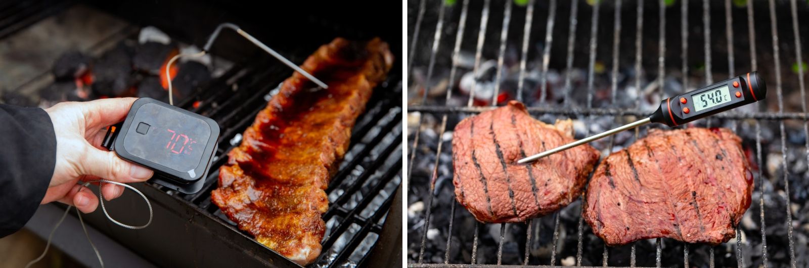 Checking meat temperature with grill thermometer