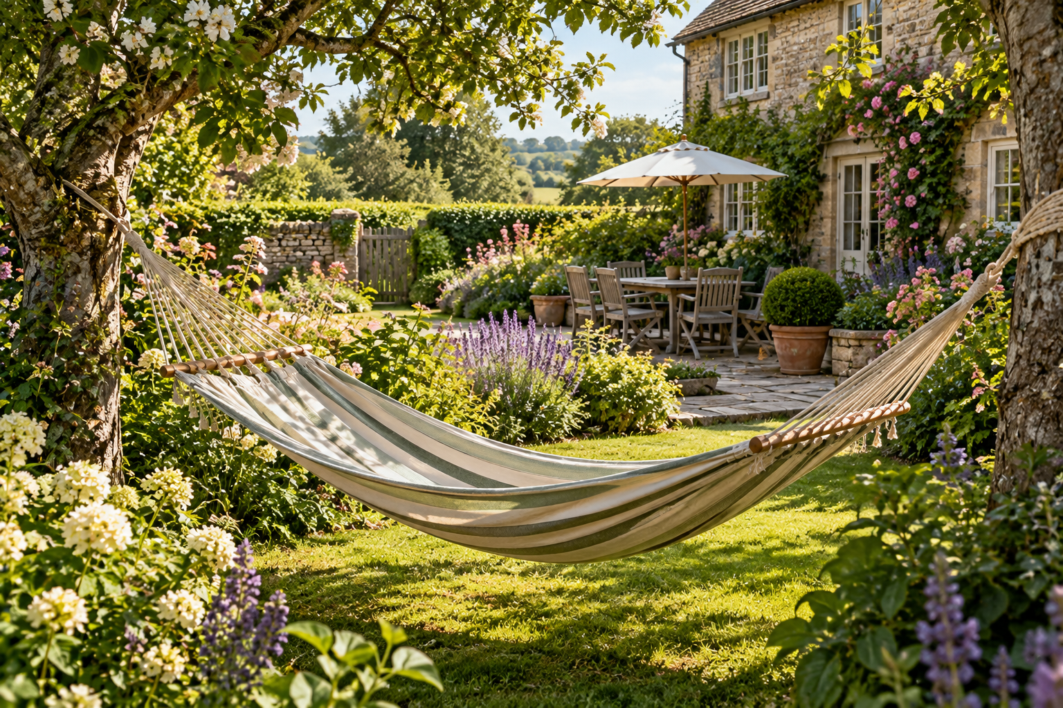 Fabric hammock in a peaceful garden surrounded by green plants and flowering borders